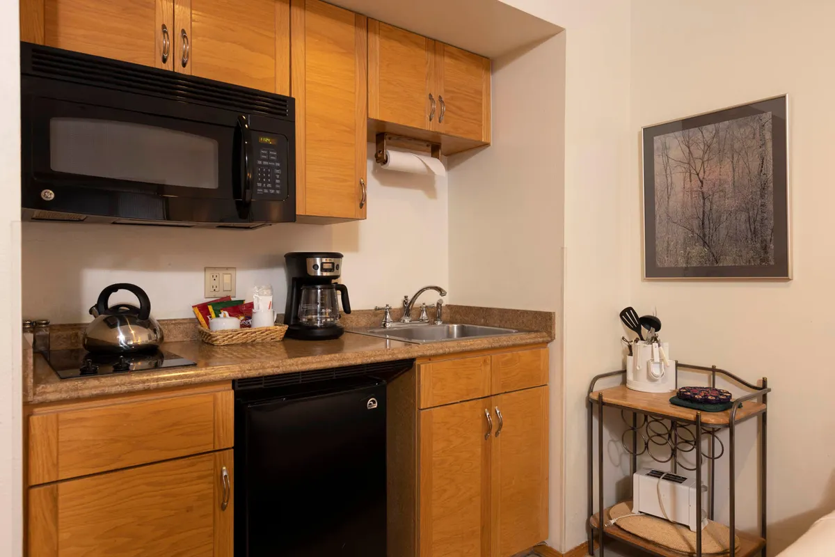 A close-up of the kitchenette essentials: a microwave, coffee maker, sink, kettle, and fridge. The focus is on the practical appliances and fixtures that empower guests to make coffee, cook simple meals, and enjoy everyday comforts while away from home.